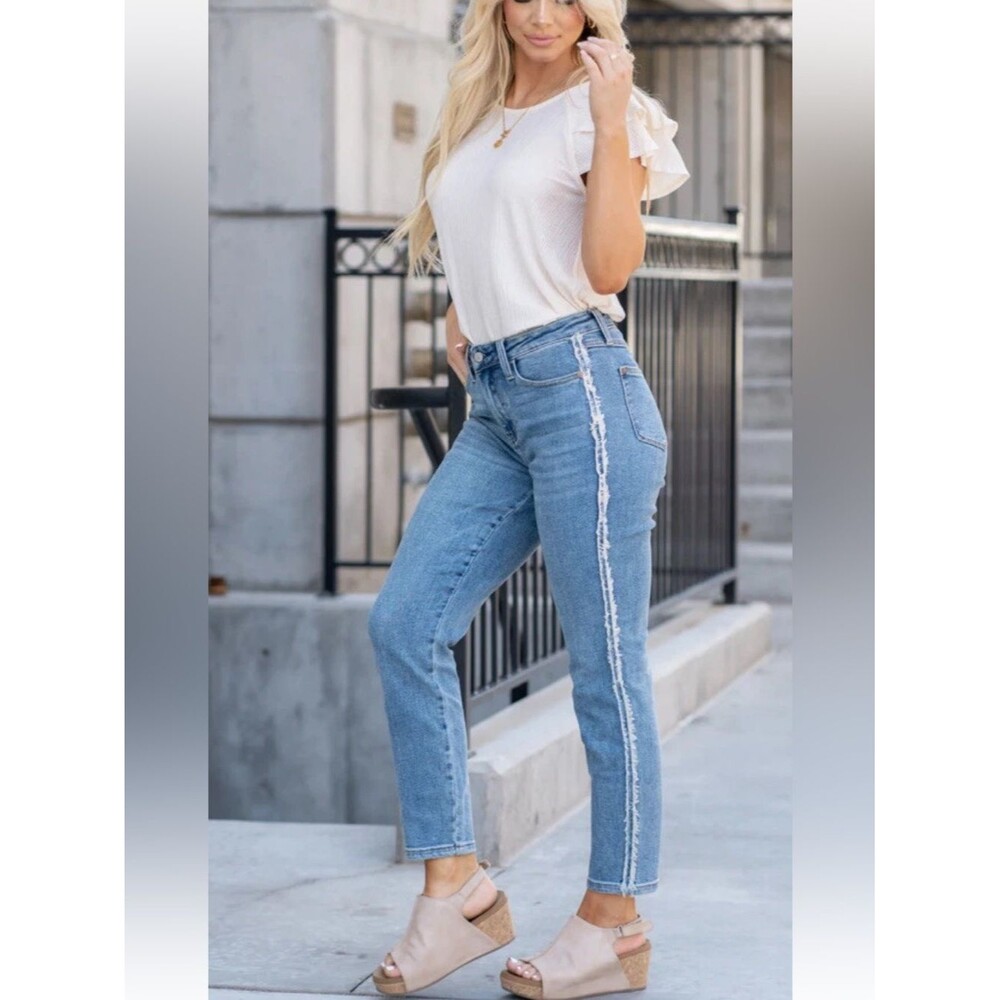 Judy Blue High Waist Slim Fit Fray Side Seam Detail Jeans  |  Size:  15/32
